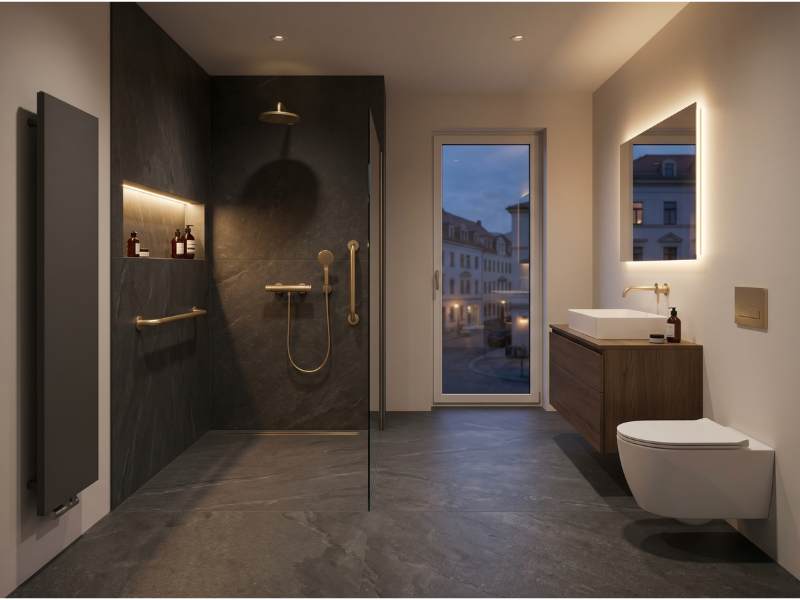 Step-free bathroom with level-access shower, anthracite stone and city view, Dresden