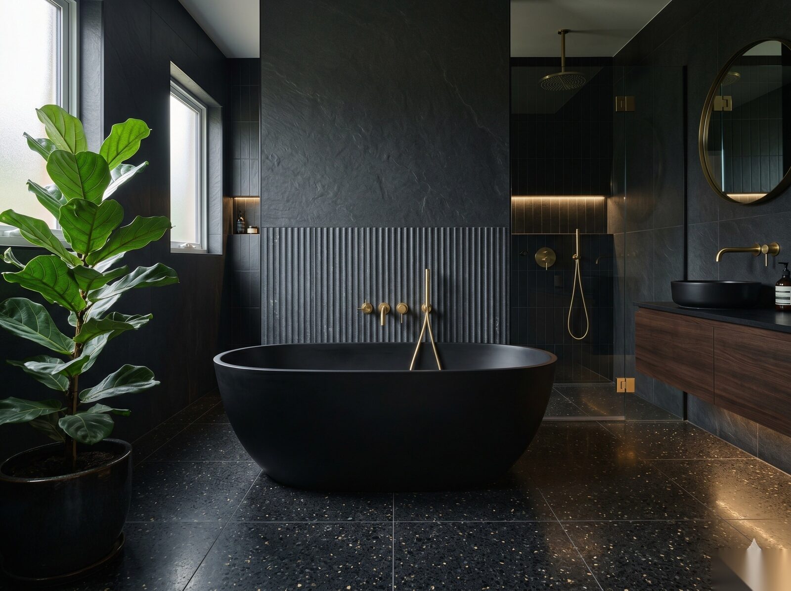 Designer bathroom with free-standing black bathtub, Dresden-Striesen