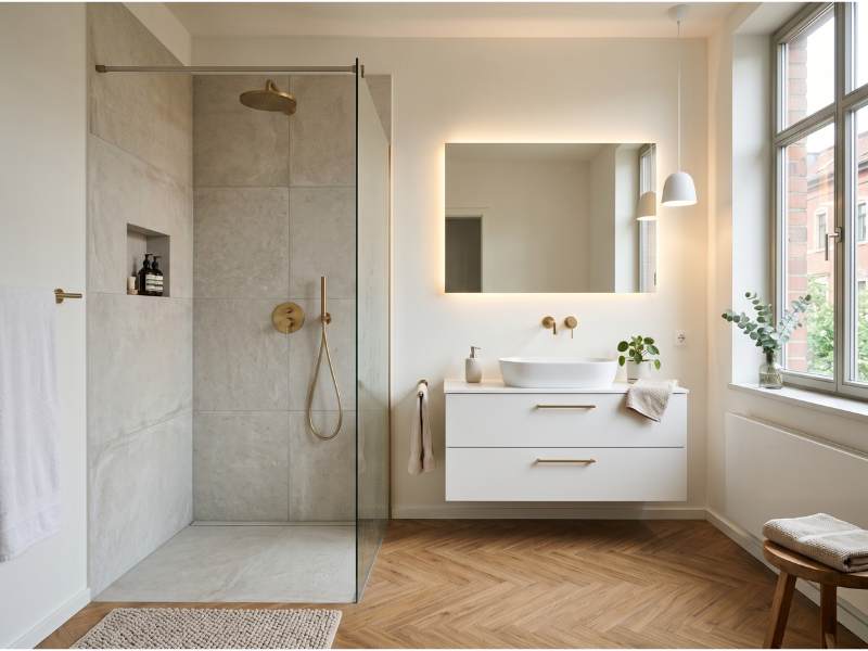 Bright family bathroom with walk-in shower, natural stone and herringbone parquet, Dresden