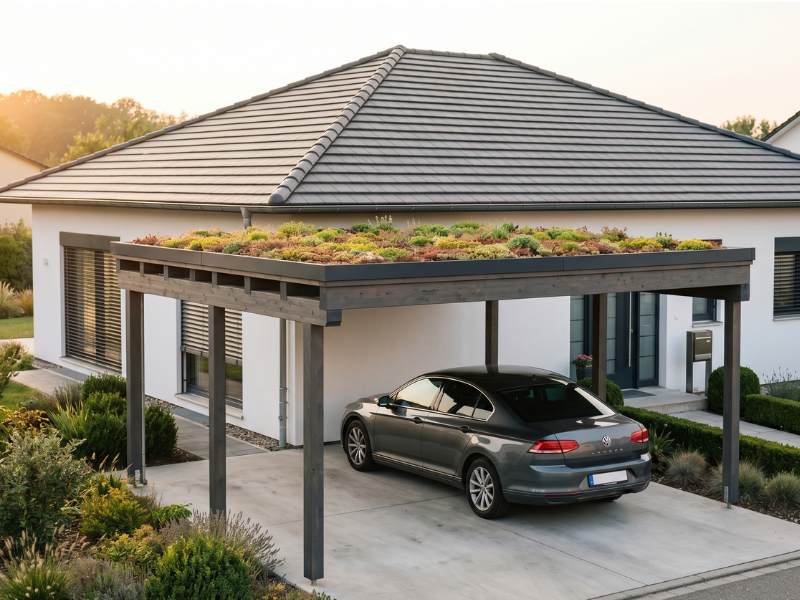 Modern carport with green roof at a detached house, Dresden