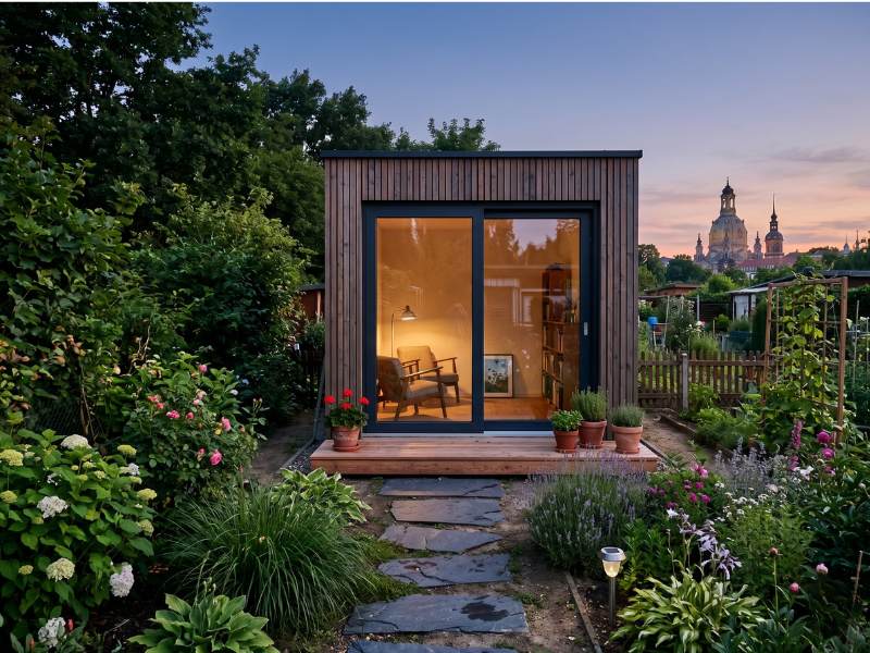 Modern garden house made of larch in a Dresden allotment with a view of the Frauenkirche