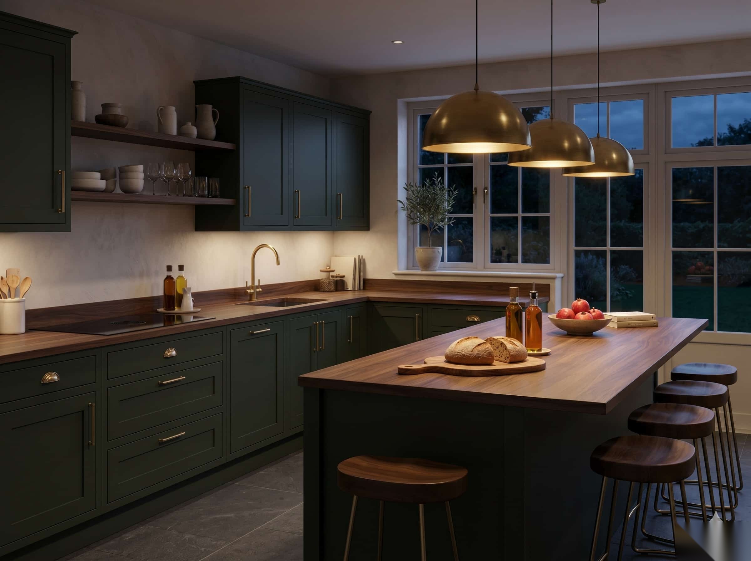 Country-style kitchen in green with solid-wood worktop, Dresden-Blasewitz