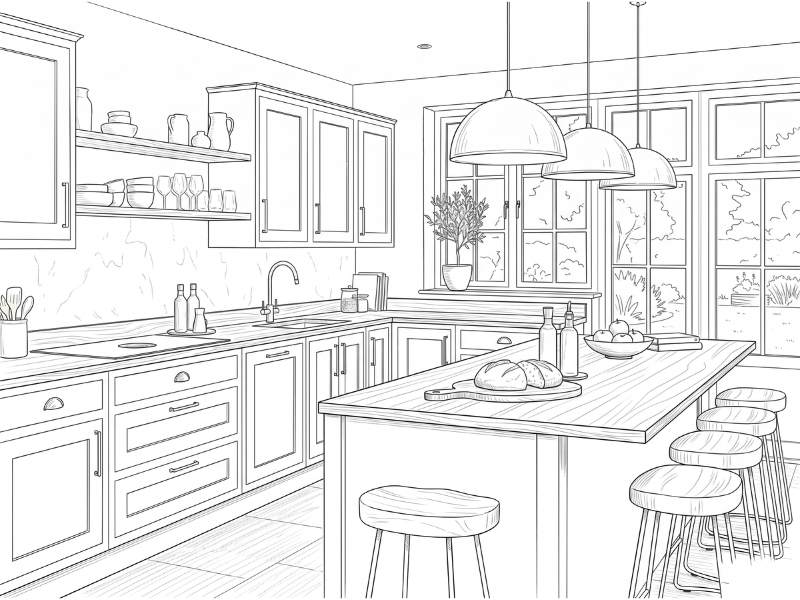 Technical drawing of the same country-style kitchen at the same angle
