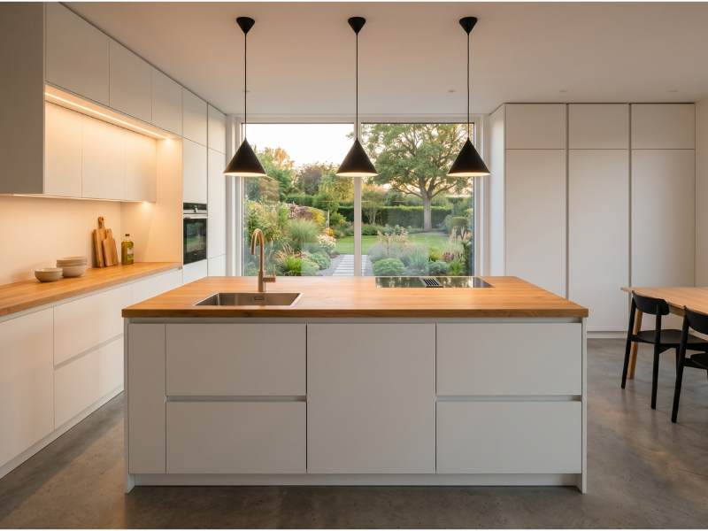 Modern white kitchen with island, wooden worktop and garden view, Dresden