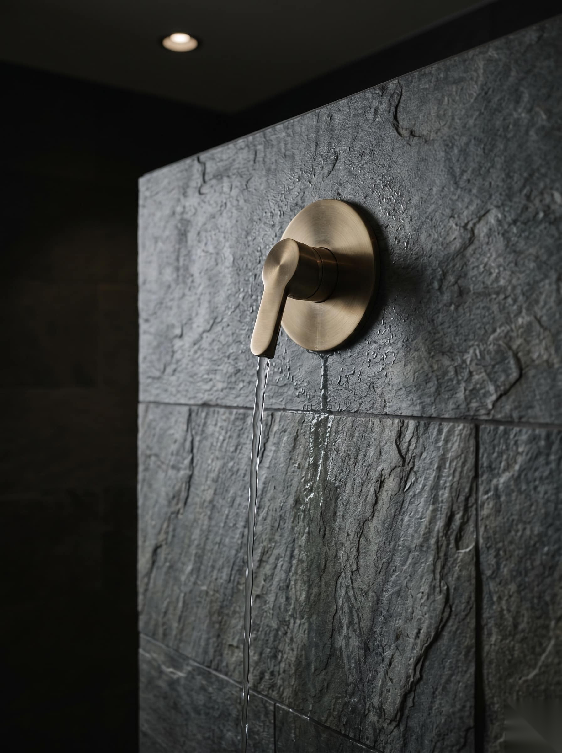Bathroom detail with natural stone wall and brass tap, Dresden-Neustadt