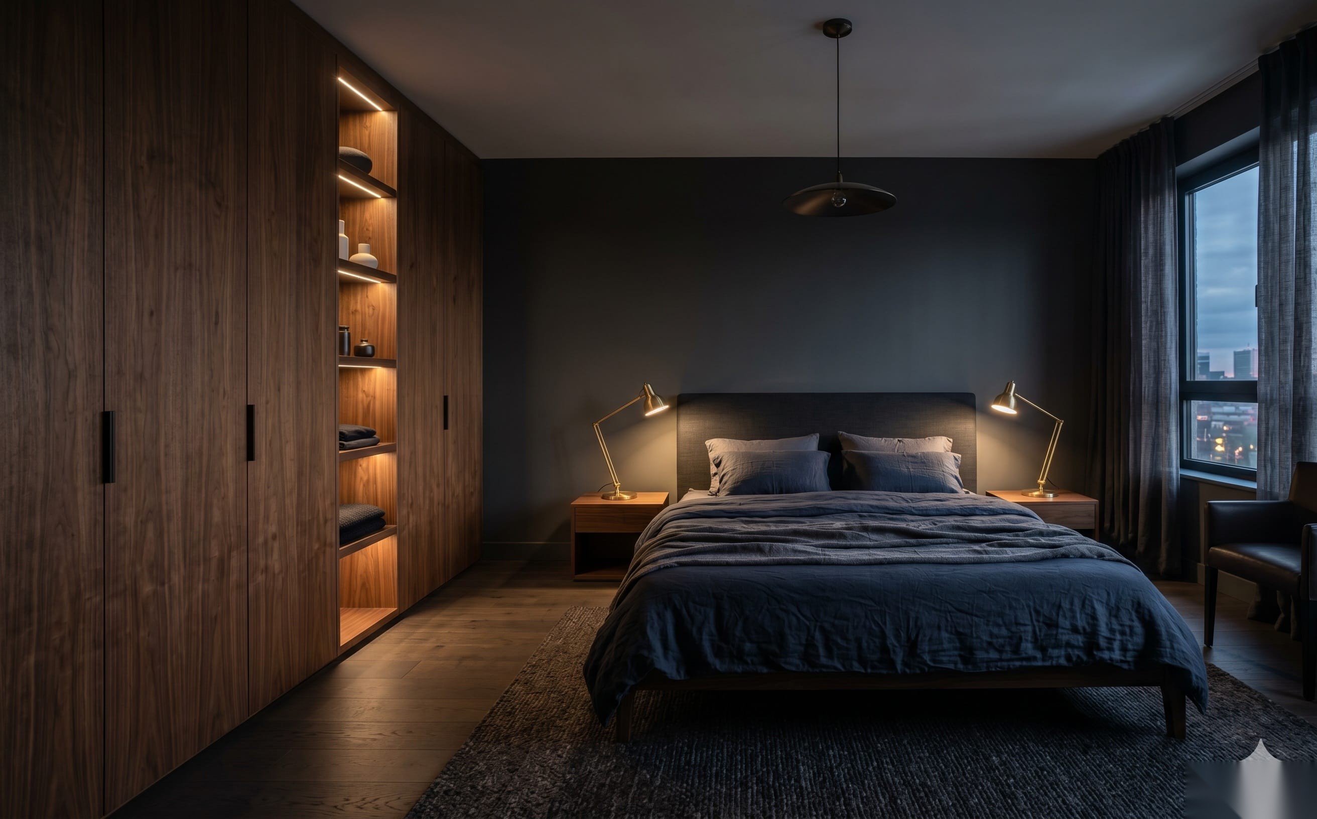 Bedroom with custom walnut built-in wardrobe, Dresden-Loschwitz