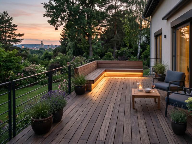 Wooden terrace with bench and a view of Dresden's old town with the Frauenkirche