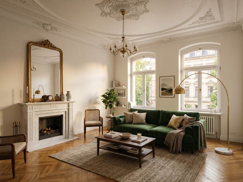 Living room in a Dresden old building with stucco, marble fireplace and velvet sofa