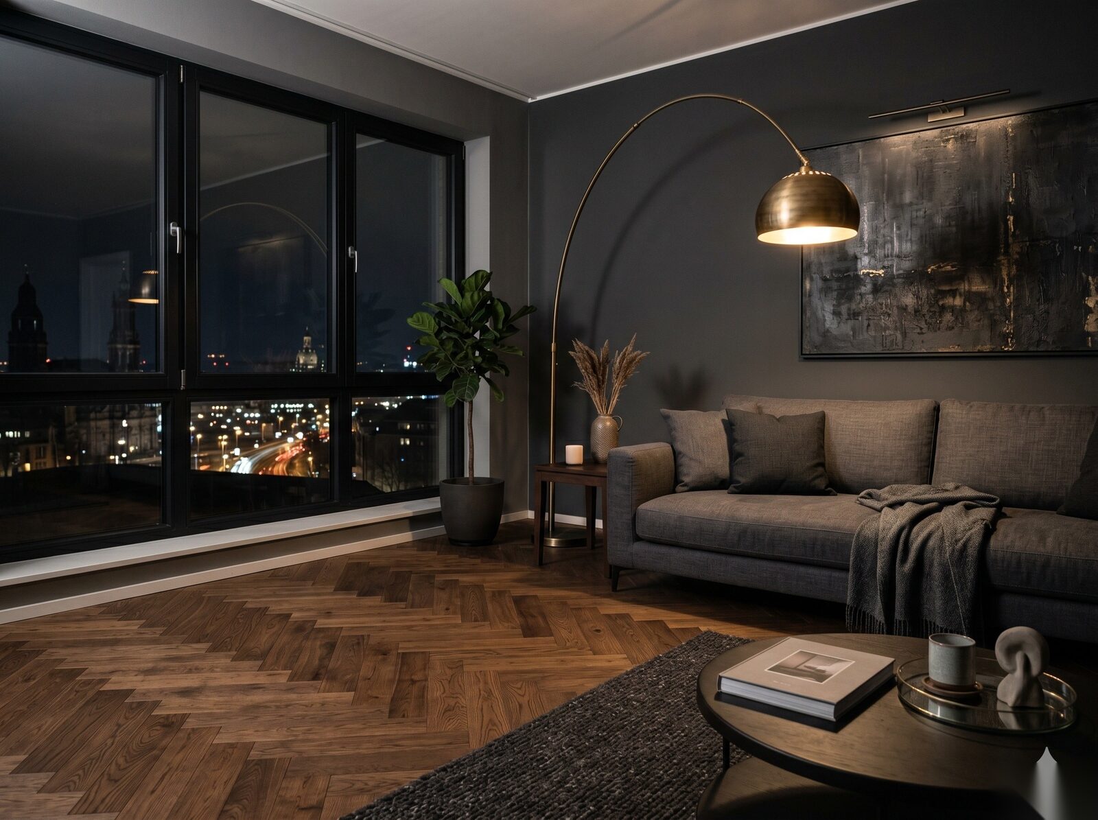 Loft living room with city view and herringbone parquet, Dresden-Pieschen
