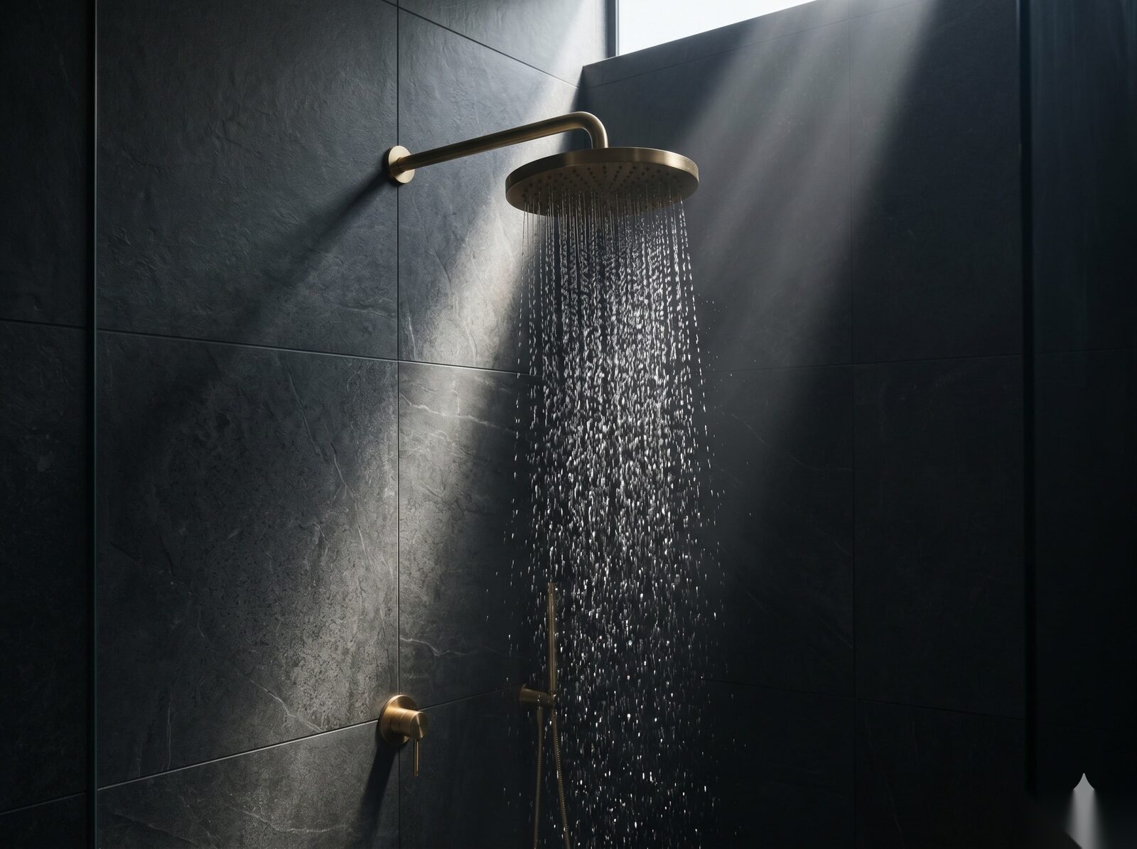 Dark elegant bathroom with brass fittings