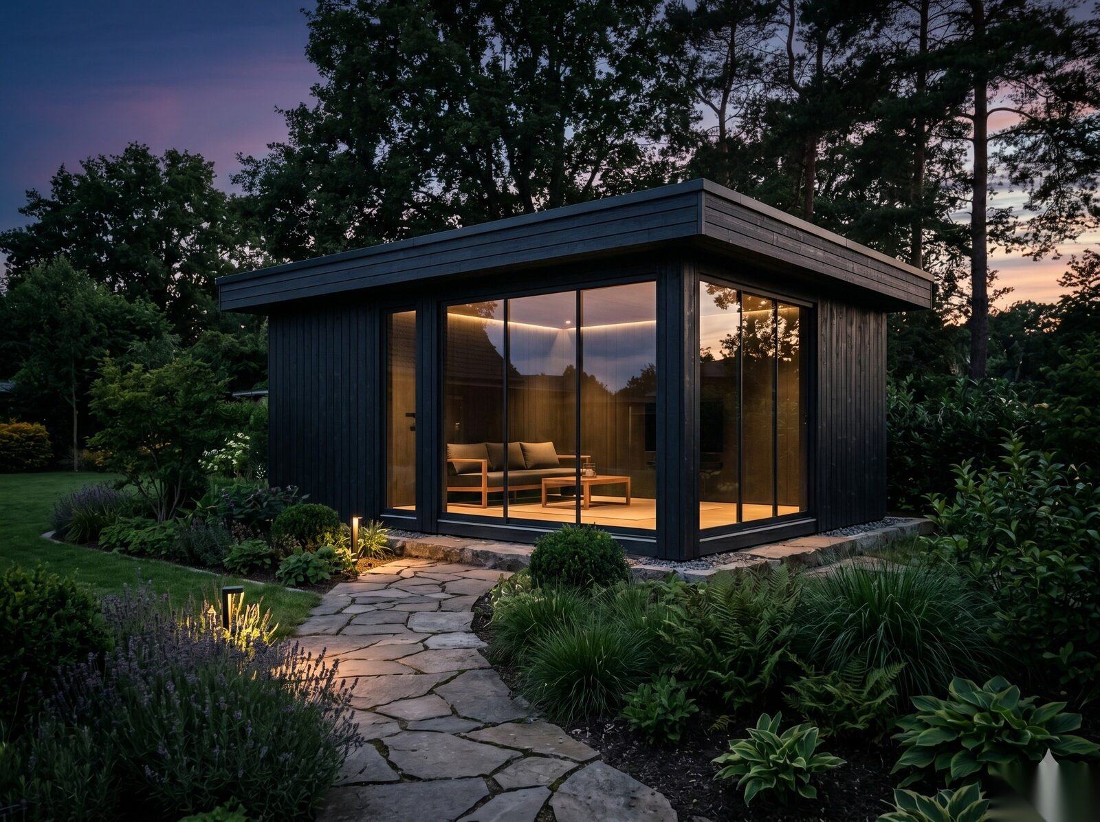 Modernes Gartenhaus aus dunklem Holz mit Liveperfekt-Design